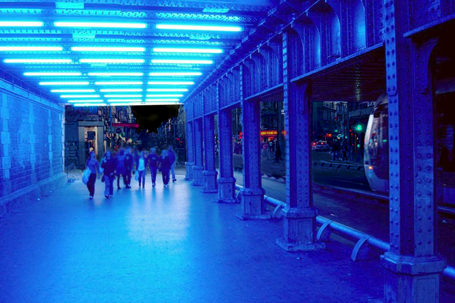 Gunda Foerster, BLUE, fluorescent tubes, SNCF bridges, Nice | permanent piece since 2007_4