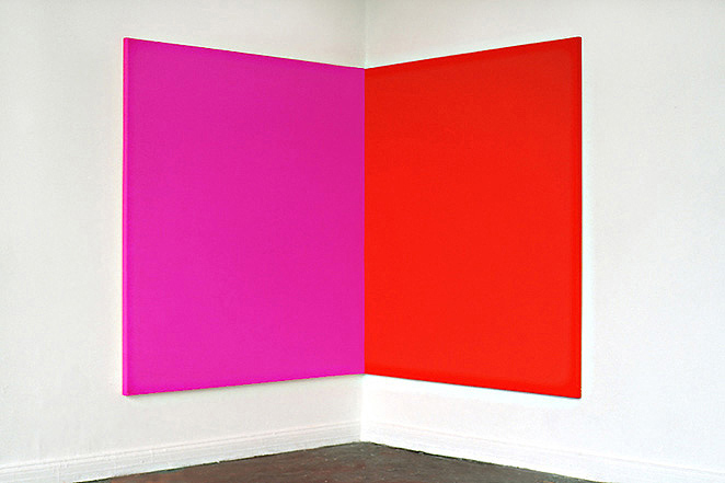 Gunda Foerster, Pink-Rot (Ecke), zweiteilig, je 185 x 185 x 4,6 cm | Öl / Nessel, 1993